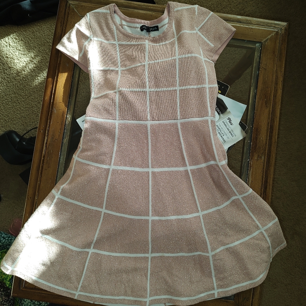 My Michelle Girls Metallic Pink and White Knit Grid Mini Dress  Sz M